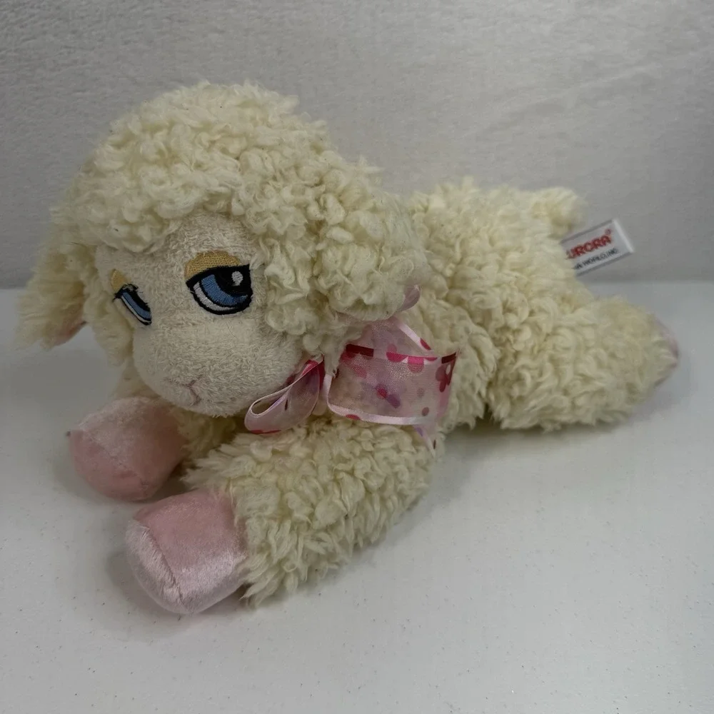Aurora Lamb Sheep Plush Lovey‎ Bow Velvet Feet Ivory Pink Embroidered Face RARE